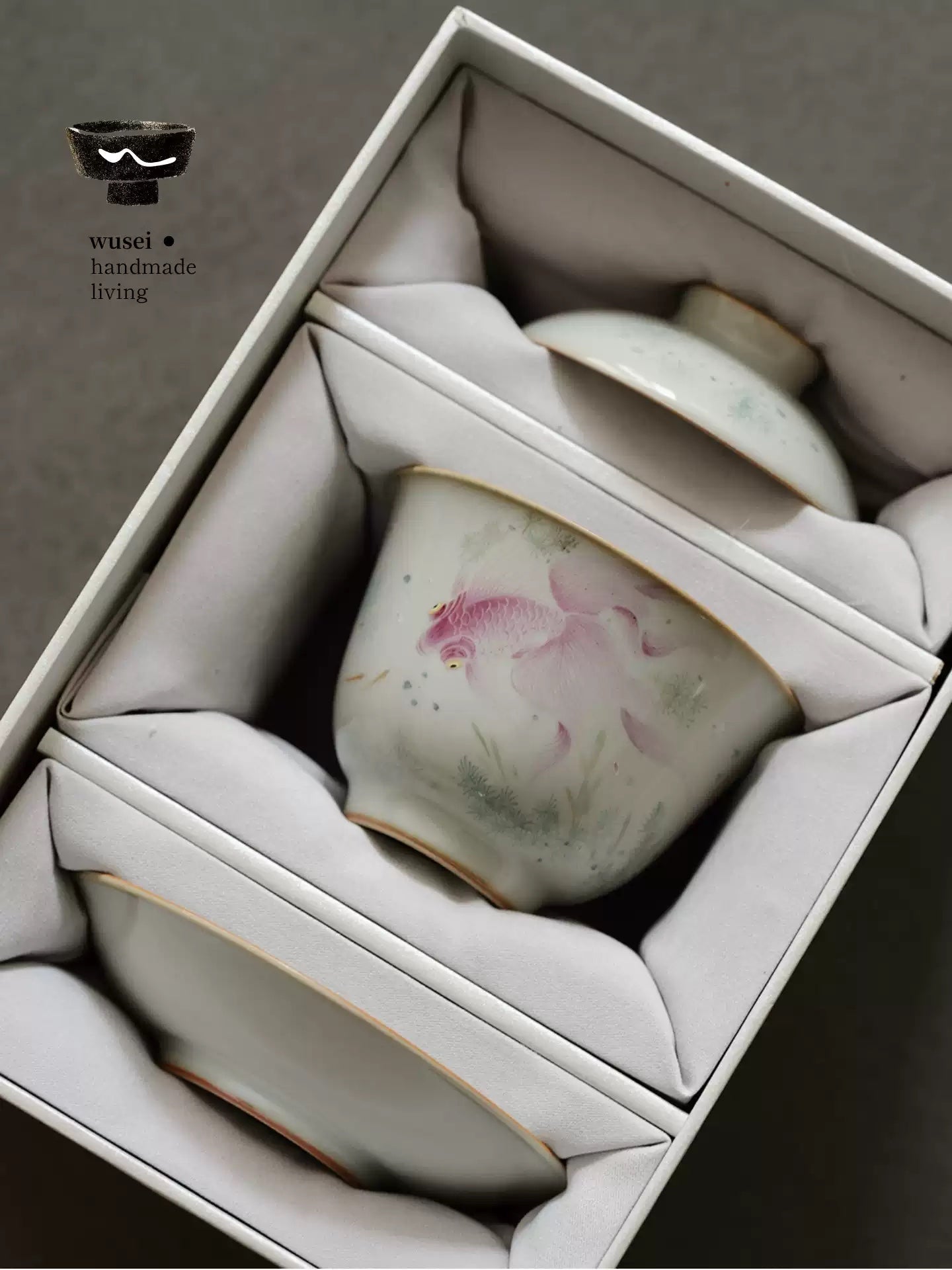 Sky-Blue Ruyao Gaiwan with Hand-Painted Goldfish - Jingdezhen