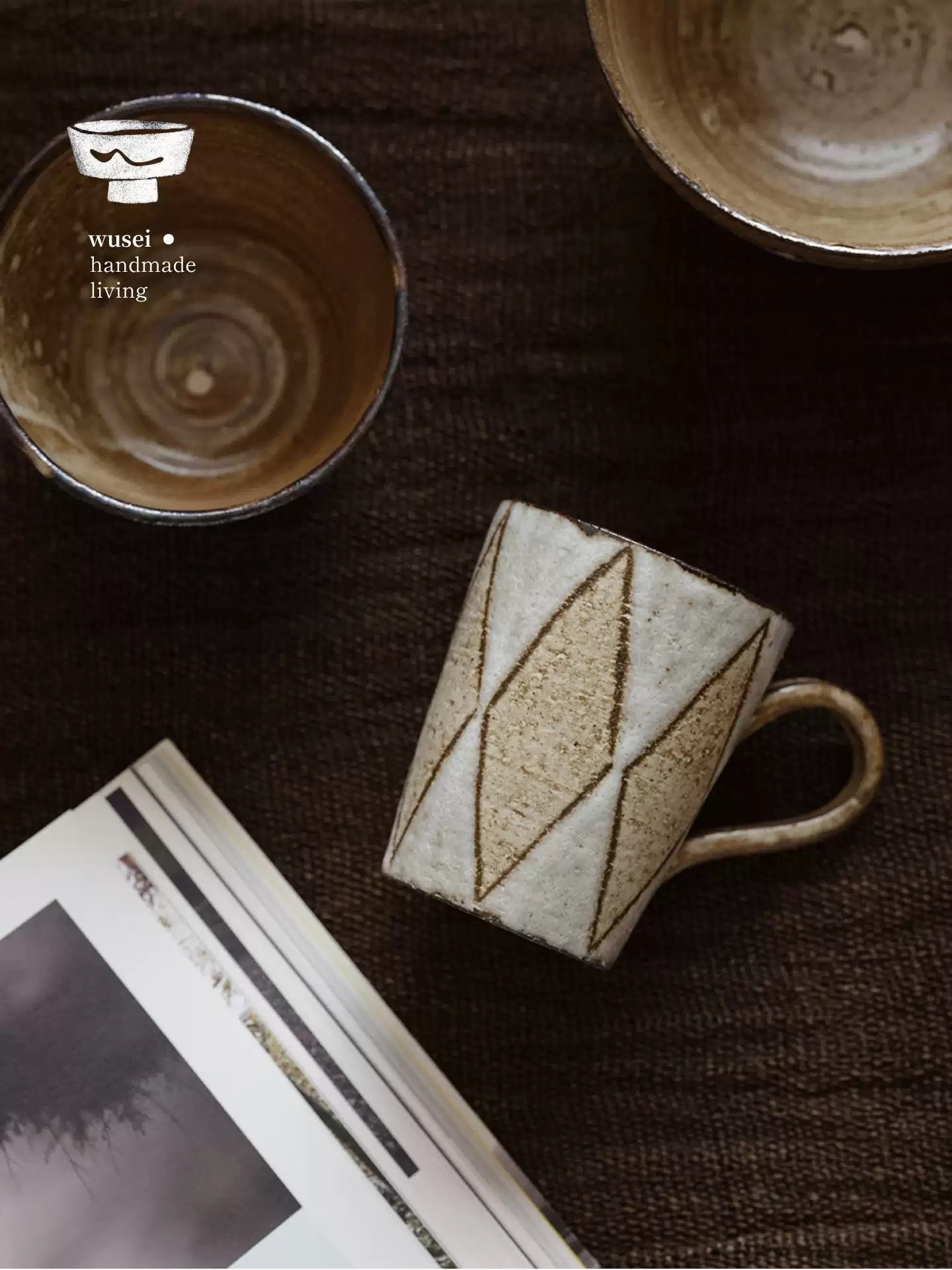 Hand-Thrown Slip-Glazed Stoneware Mug with Diamond Motif