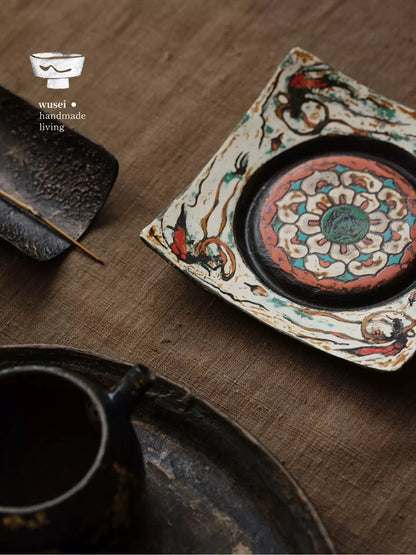 Handmade Lacquer Tea Coaster with Dunhuang Mural Motif