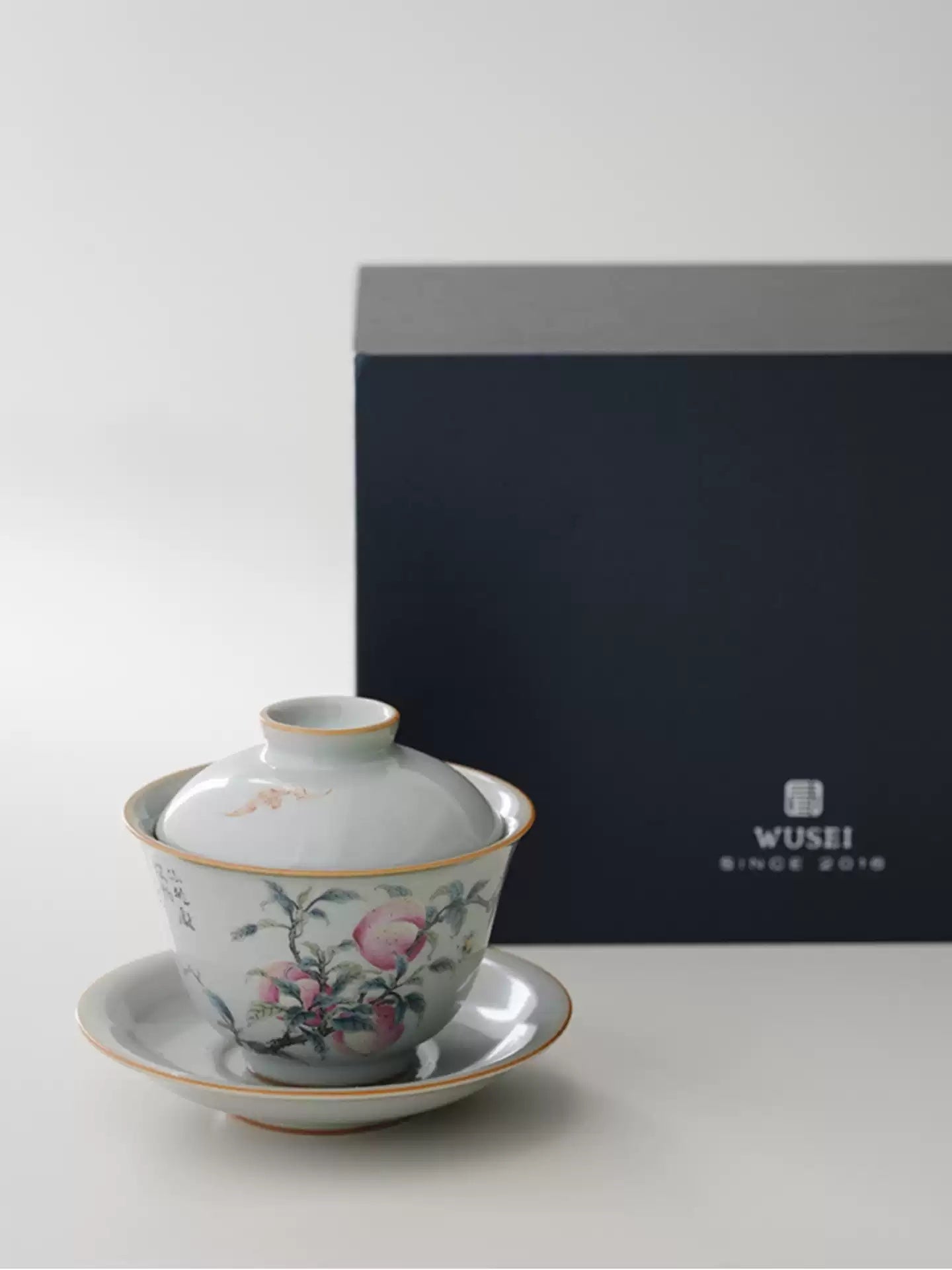 Sky-Blue Ru Ware Gaiwan with Hand-Painted Peach Design