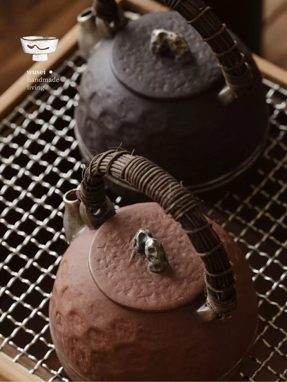 Taihu Stone Handle Teapot & Charcoal Stove Set, Aged Rock Clay with Silver & Powder Glaze