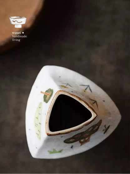 Hand-Painted Ceramic Triangle Vase with Storybook Cat Scene