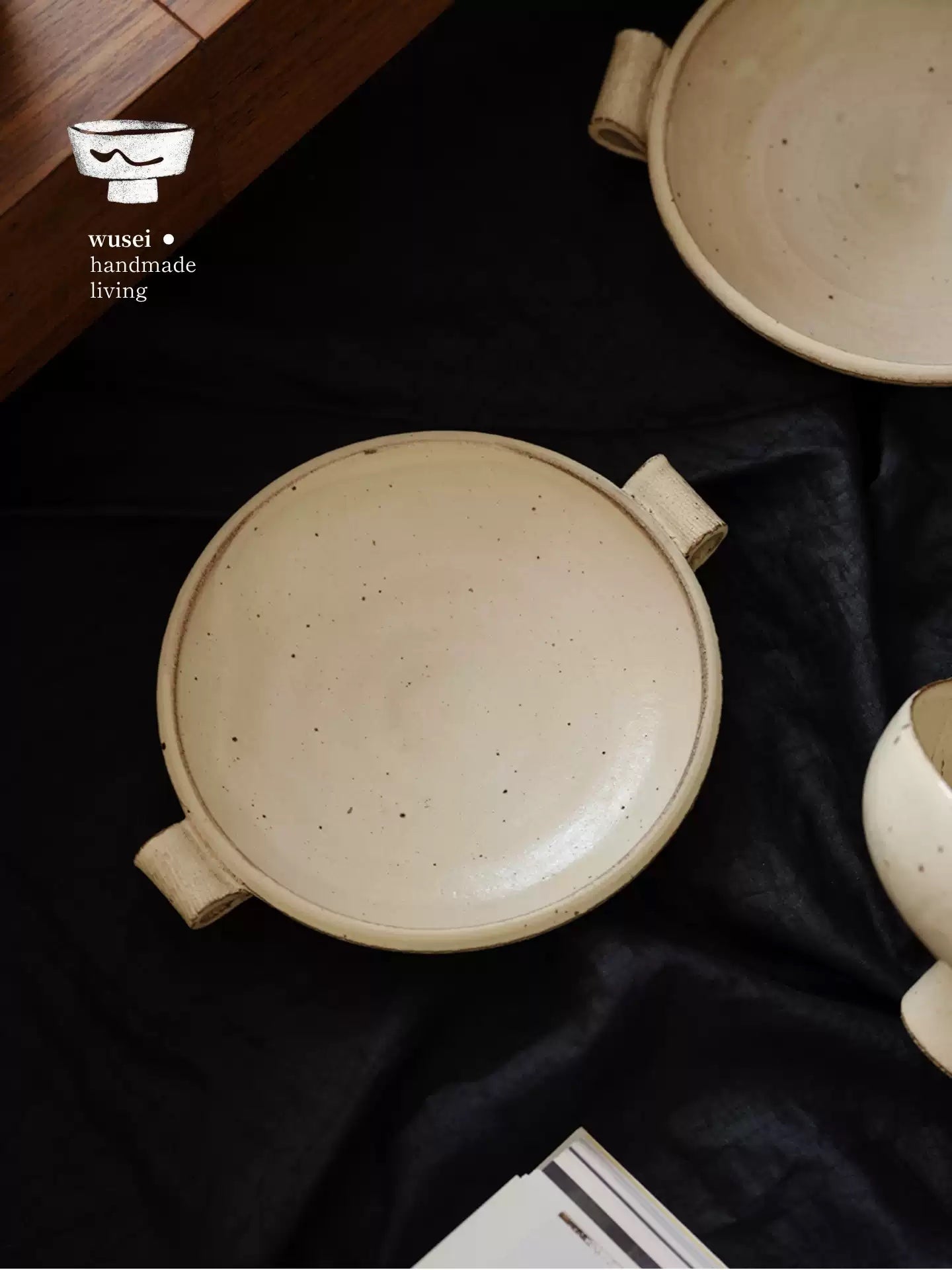 Handmade Stoneware Footed Plate, Wabi-Sabi Glaze, Handles