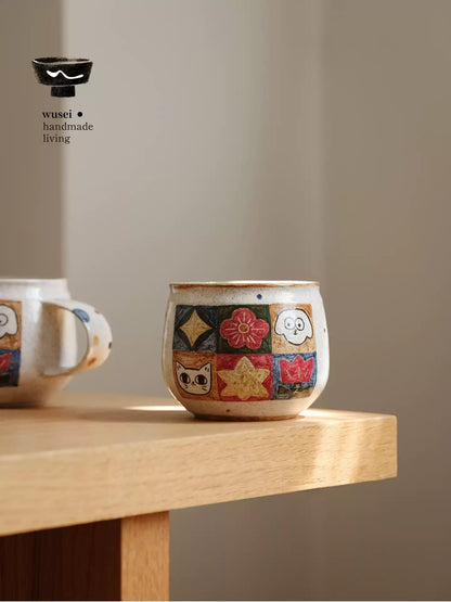 Checkered Ceramic Mug with Hand-Painted Cats