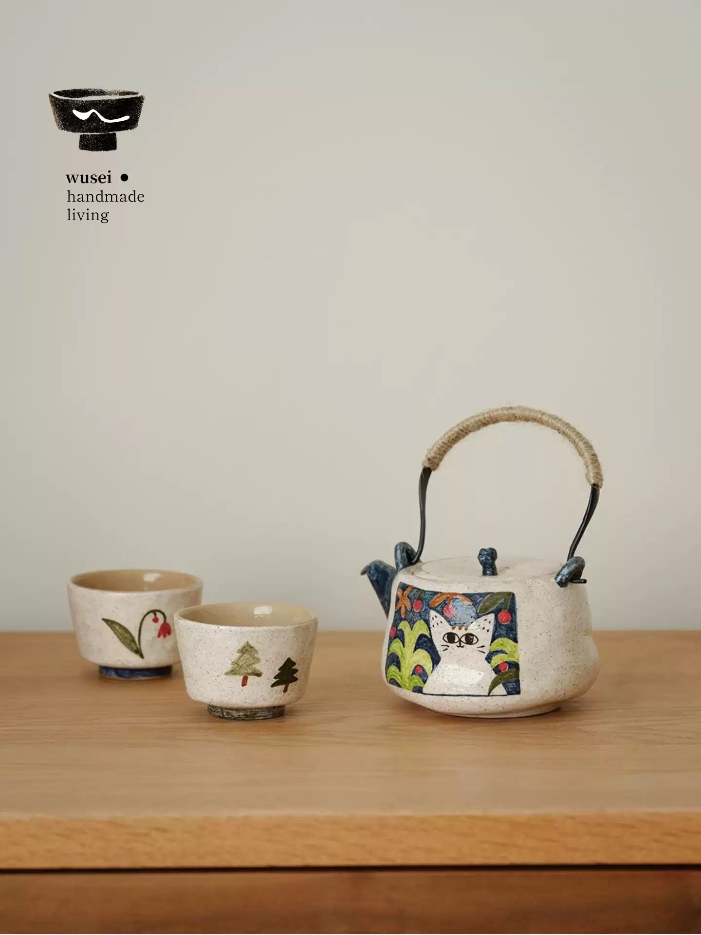 Hand-Painted Cat Teapot & Warmer Set, Stoneware