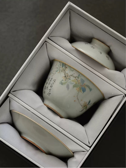 Hand-Painted Sky-Blue Ru Gaiwan with Osmanthus Design