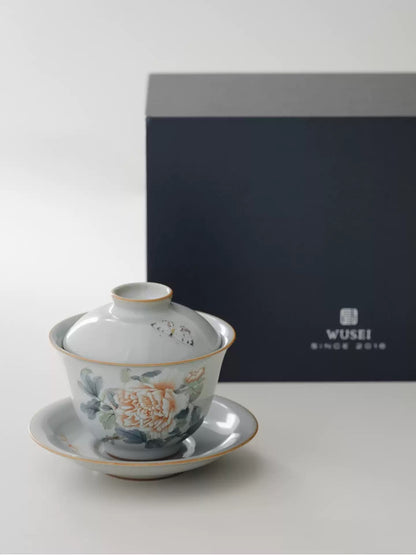Sky-Blue Ru Gaiwan with Hand-Painted Peonies