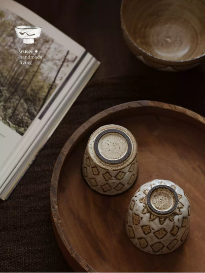 Handmade Wabi-Sabi Stoneware Cup with Diamond Pattern