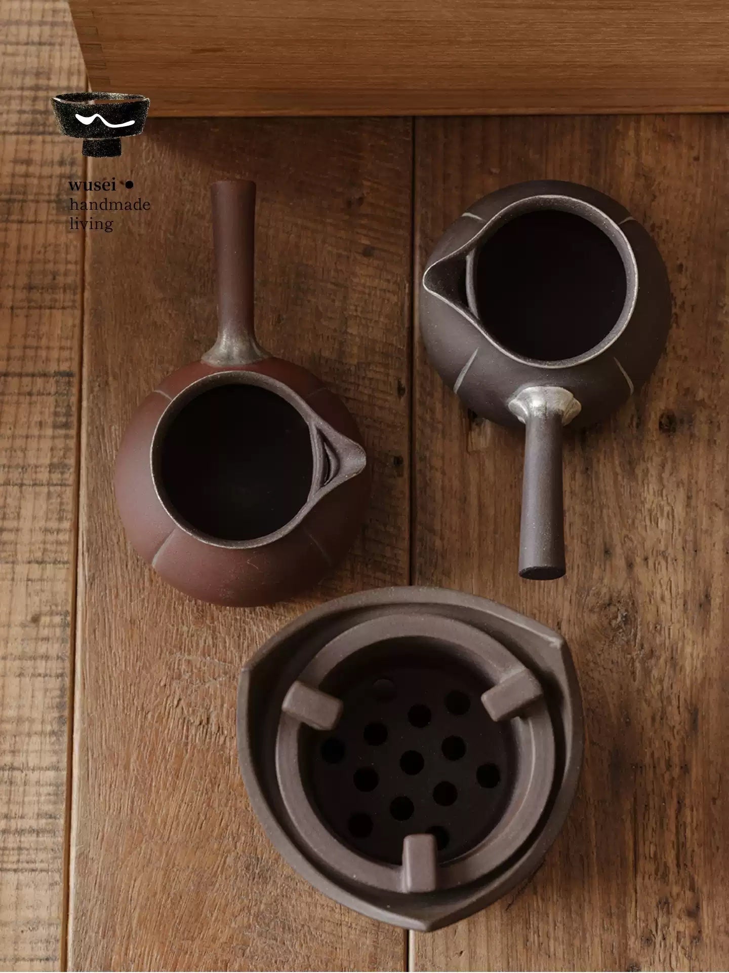 Old Rock Clay Side-Handle Teapot & Charcoal Stove Set with Silver Accents