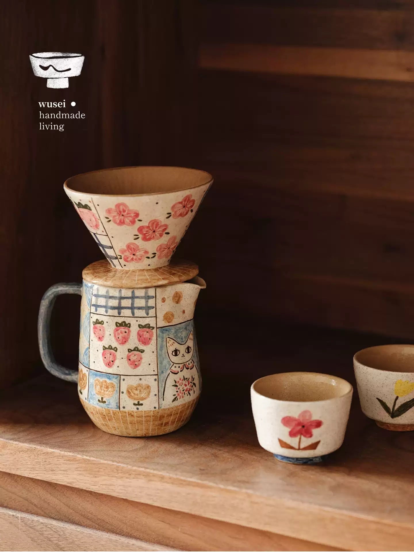 Retro Hand-Painted Ceramic Pour-Over Coffee Set in Oatmeal