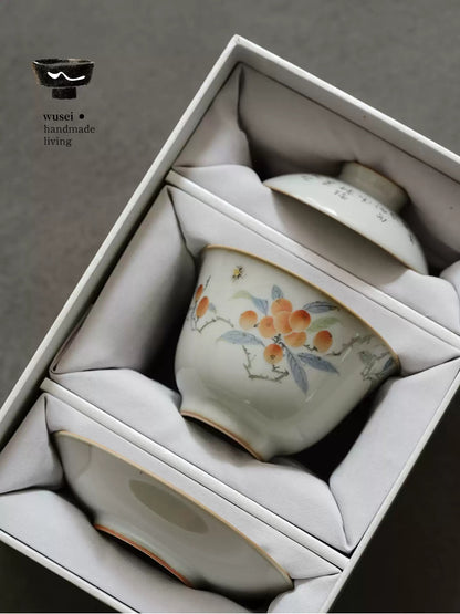 Hand-Painted Loquat Gaiwan – Sky-Blue Ru Ware