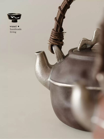 Rustic Clay Teapot & Charcoal Stove Set with Silver Wash