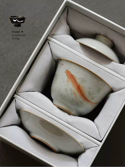 Hand-Painted Sky-Blue Ru Kiln Gaiwan with Fish Motif