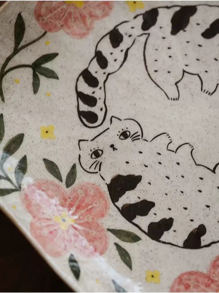Vintage Hand-Painted Ceramic Cat & Floral Square Tray