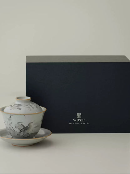 Hand-Painted Sky-Blue Ru Glaze Tea Cup – Snowy Geese