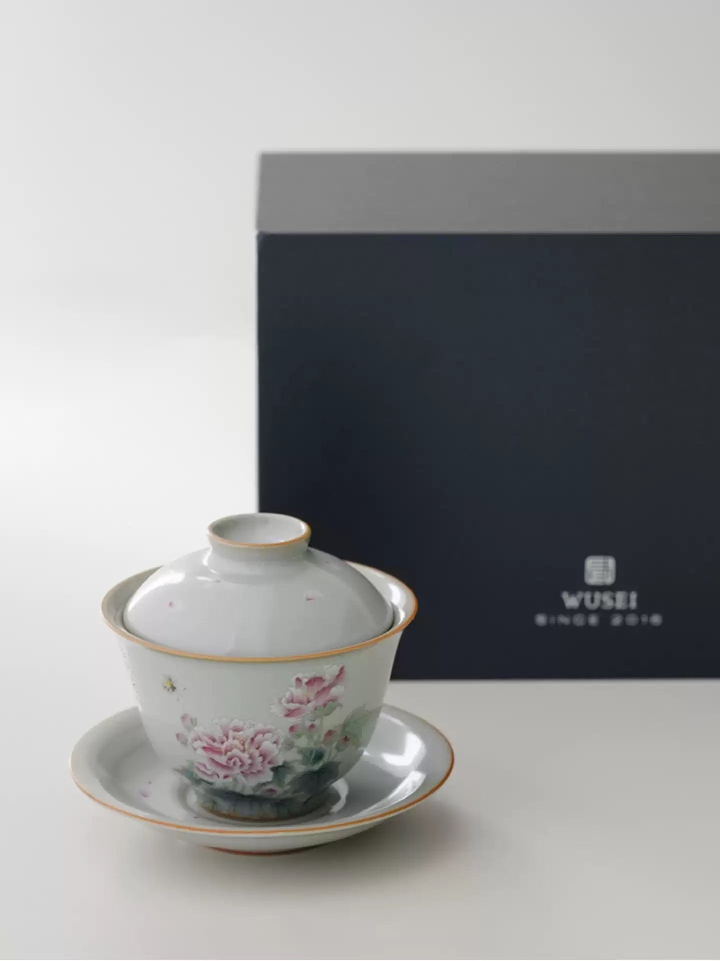 Sky-Blue Ru Kiln Gaiwan, Hand-Painted Red Hibiscus