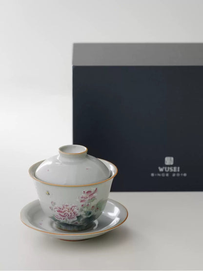 Sky-Blue Ru Kiln Gaiwan, Hand-Painted Red Hibiscus