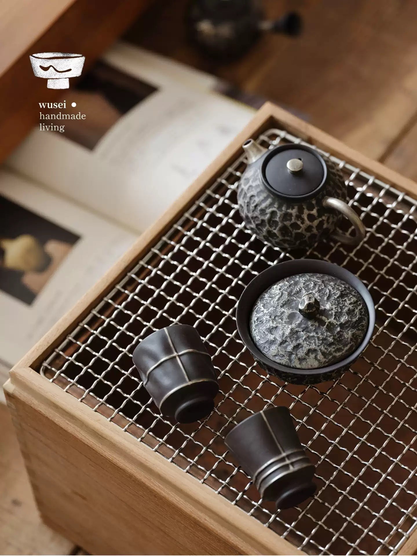 Old Rock Clay Teapot Set with Silver Accents, Wabi-Sabi Japanese Style