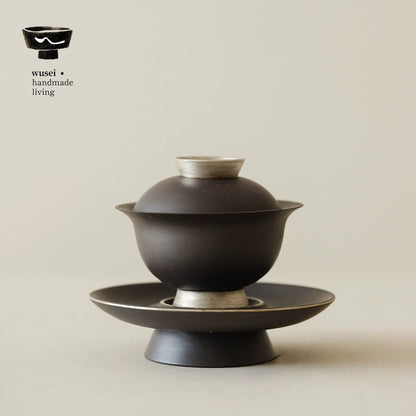 Old Rock Clay Teapot Set with Silver Accents, Wabi-Sabi Japanese Style