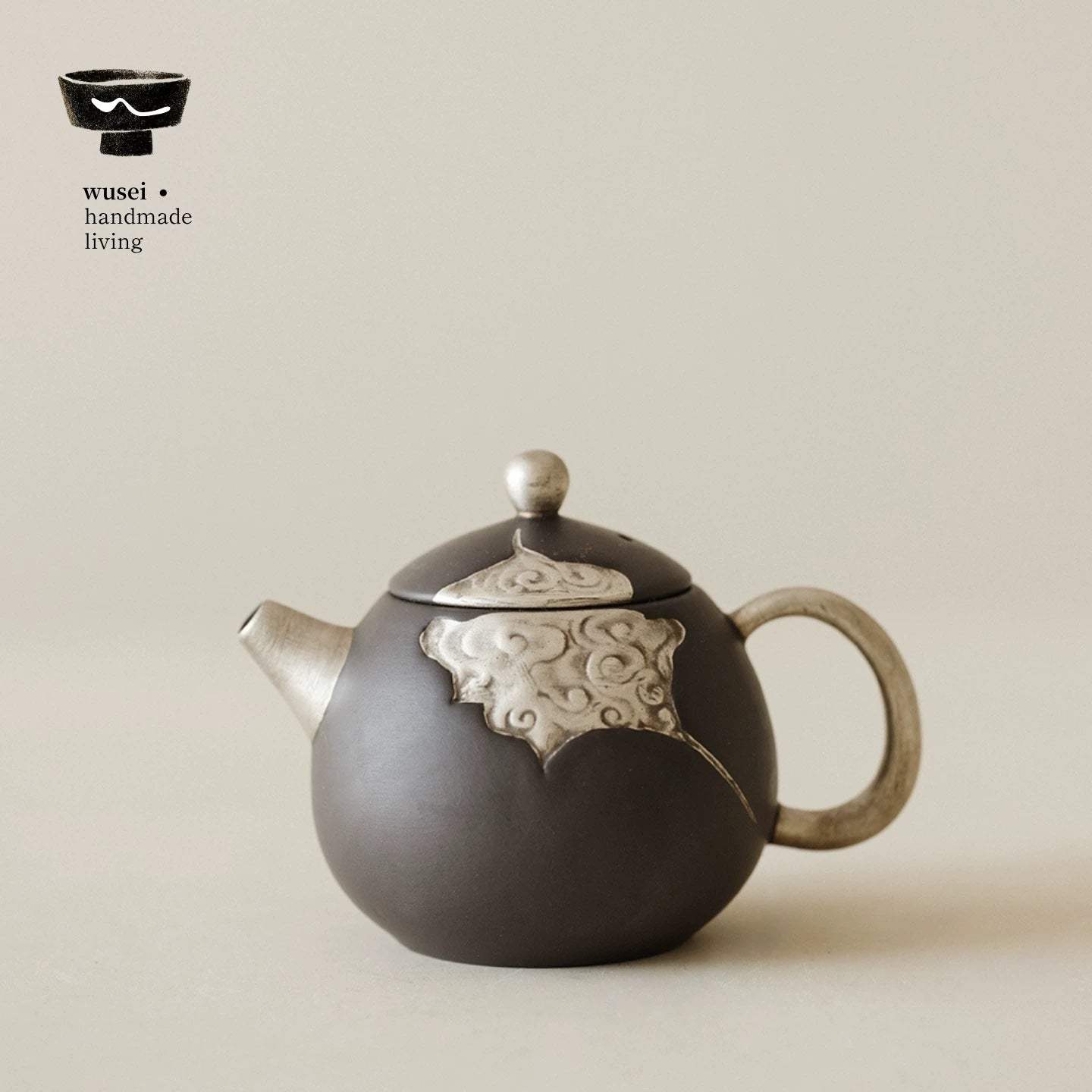 Old Rock Clay Teapot Set with Silver Accents, Wabi-Sabi Japanese Style