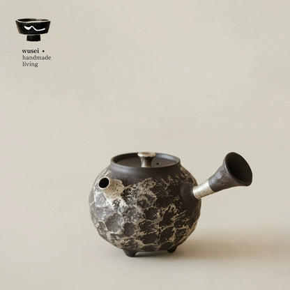 Old Rock Clay Teapot Set with Silver Accents, Wabi-Sabi Japanese Style