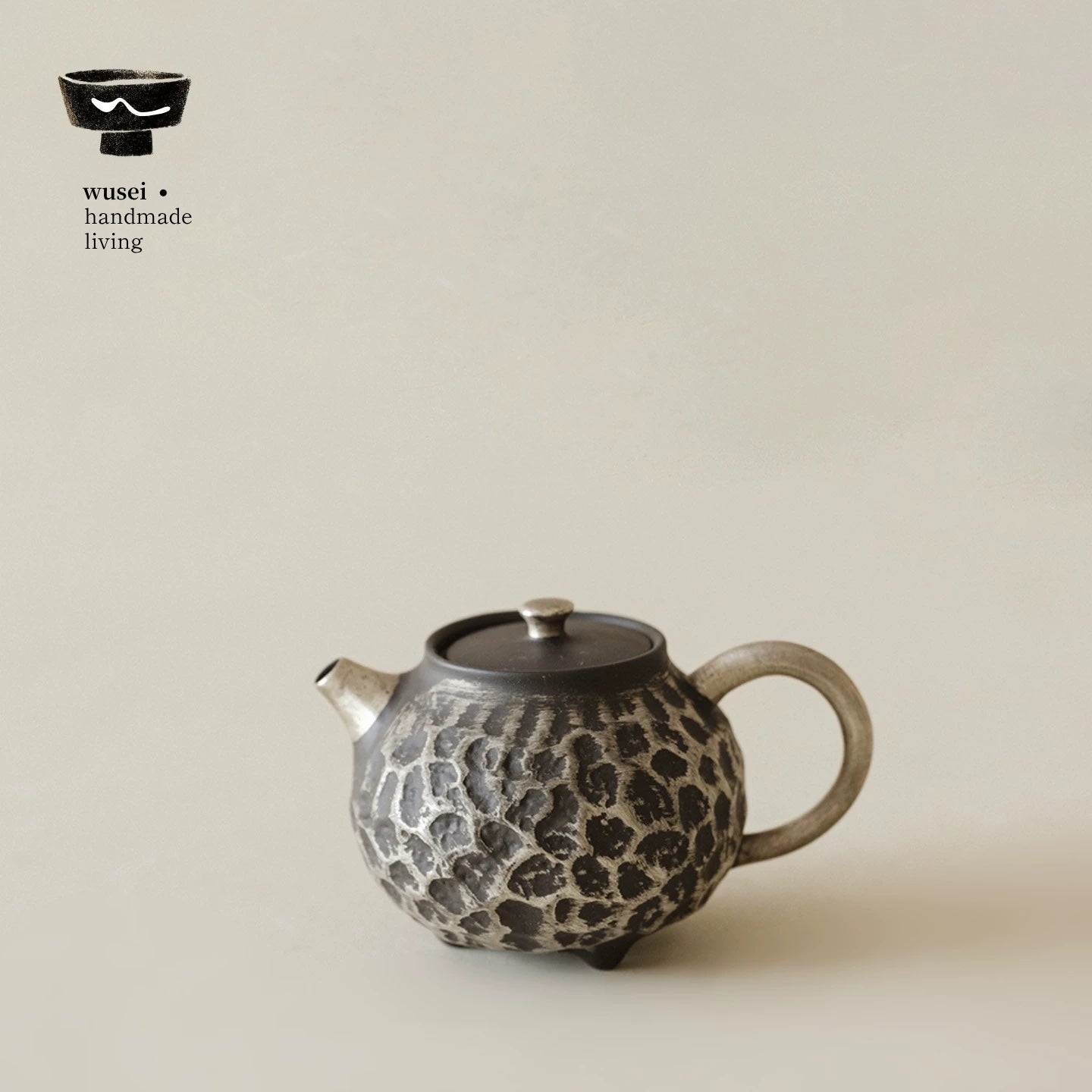 Old Rock Clay Teapot Set with Silver Accents, Wabi-Sabi Japanese Style