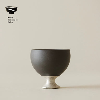 Old Rock Clay Teapot Set with Silver Accents, Wabi-Sabi Japanese Style