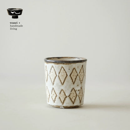 Handmade Wabi-Sabi Stoneware Cup with Diamond Pattern