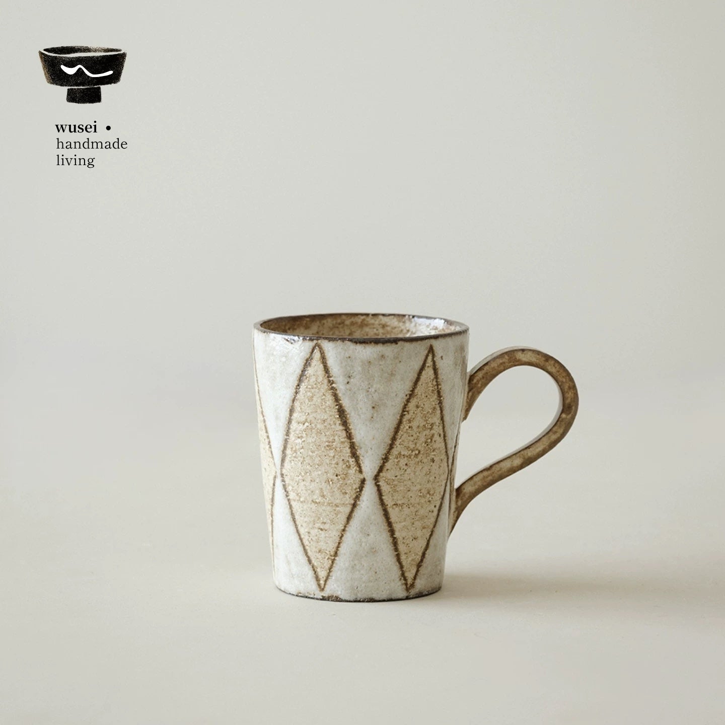 Hand-Thrown Slip-Glazed Stoneware Mug with Diamond Motif