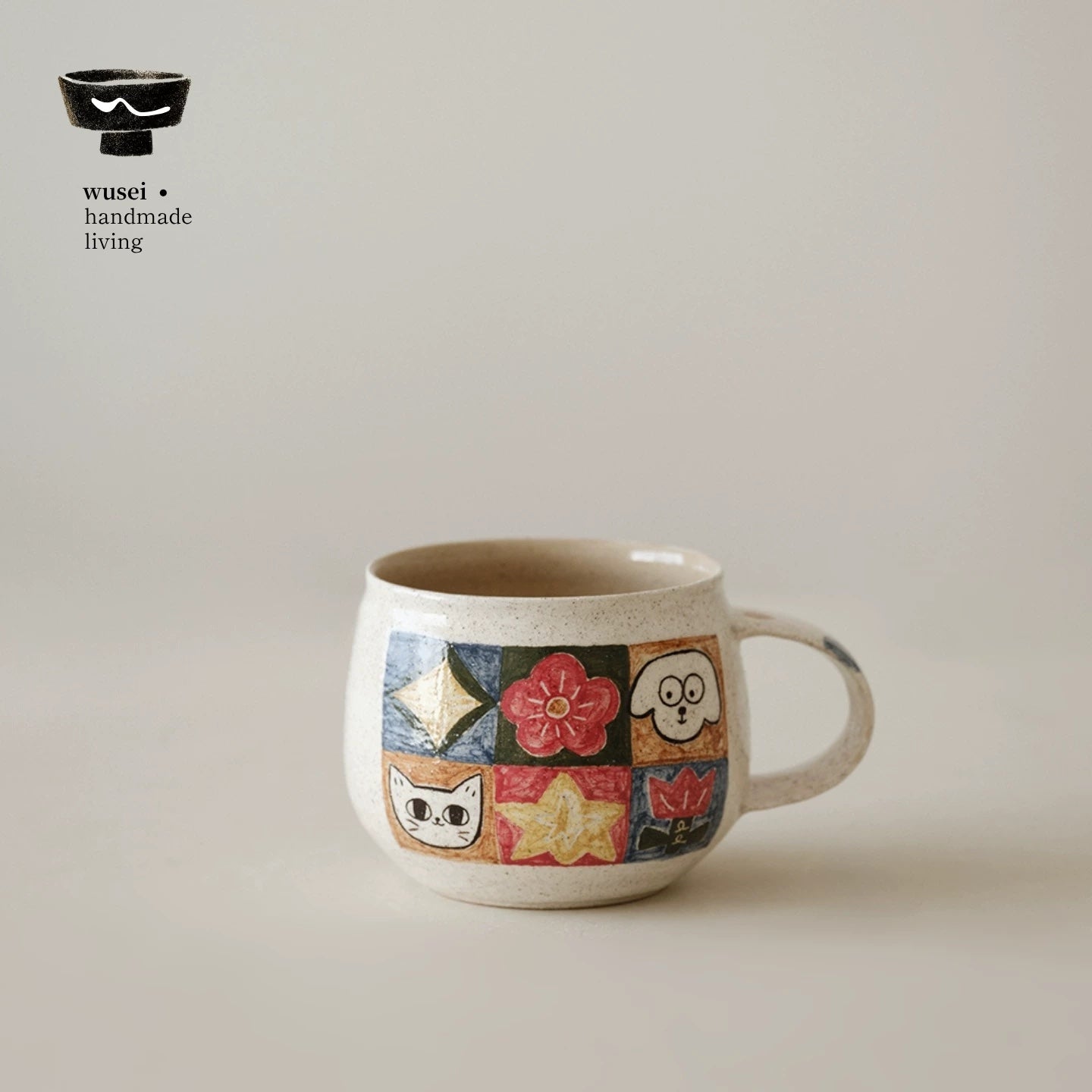Checkered Ceramic Mug with Hand-Painted Cats
