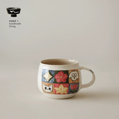 Checkered Ceramic Mug with Hand-Painted Cats