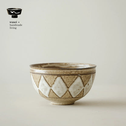 Handmade Stoneware Bowl, Diamond Pattern, Rustic Glaze