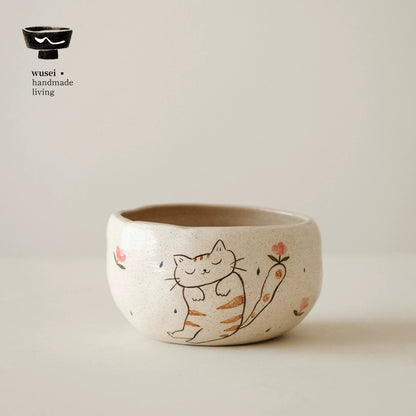 Hand-Painted Ceramic Cat Bowl for Rice, Noodles & Matcha