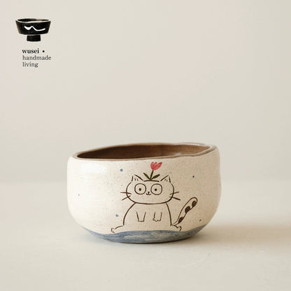 Hand-Painted Ceramic Cat Bowl for Rice, Noodles & Matcha