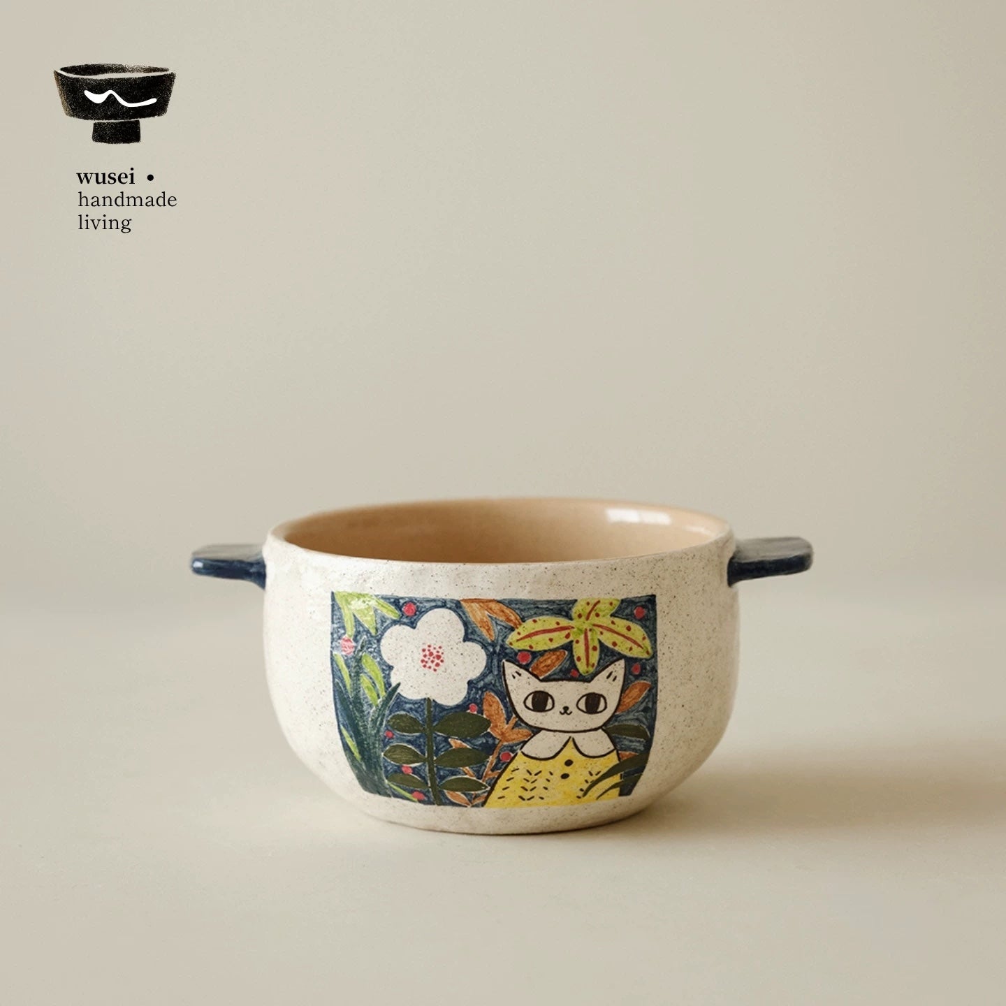 Hand-Painted Cat Stoneware Ramen Bowl with Double Handles