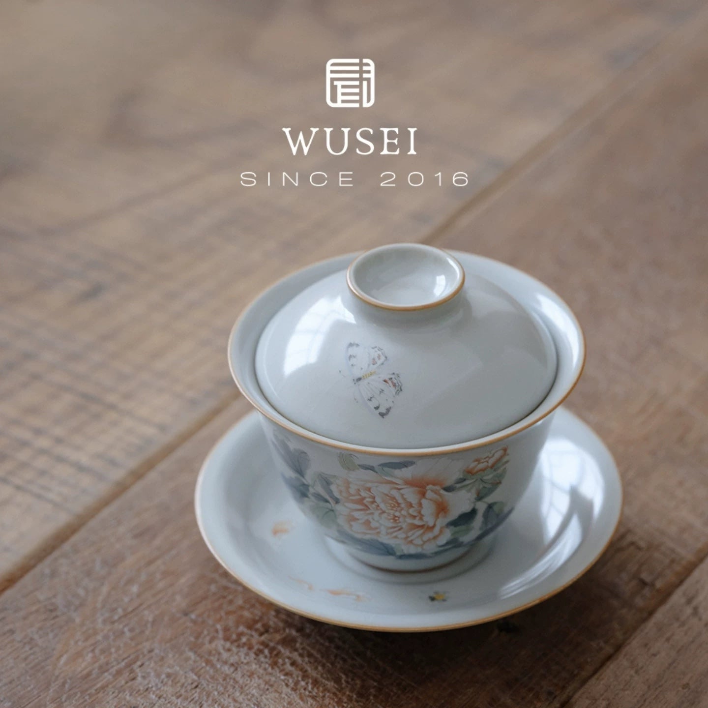 Sky-Blue Ru Gaiwan with Hand-Painted Peonies