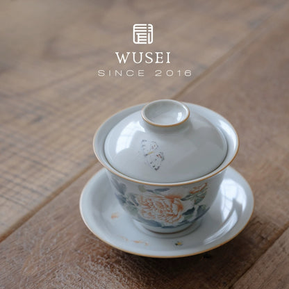 Sky-Blue Ru Gaiwan with Hand-Painted Peonies
