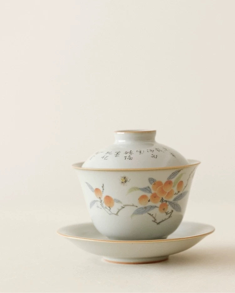 Hand-Painted Loquat Gaiwan – Sky-Blue Ru Ware