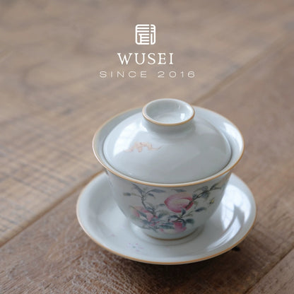 Sky-Blue Ru Ware Gaiwan with Hand-Painted Peach Design