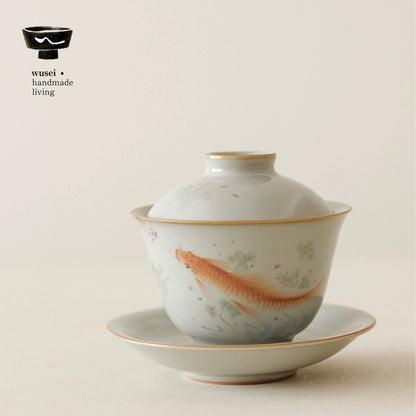 Hand-Painted Sky-Blue Ru Kiln Gaiwan with Fish Motif
