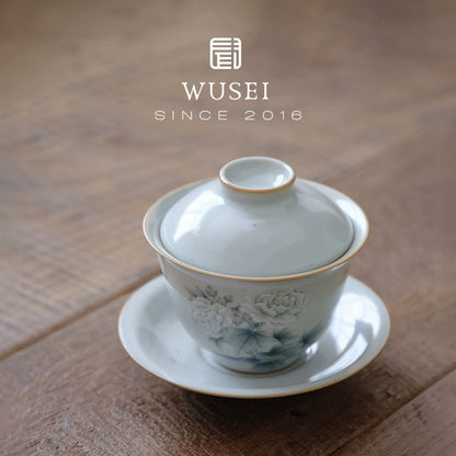 Hand-Painted Sky-Blue Ru-Style Gaiwan with White Hibiscus