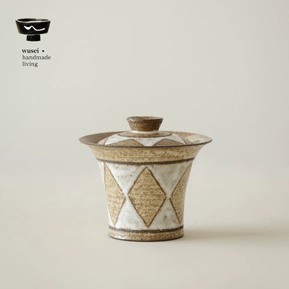 Handmade Stoneware Gaiwan Set – Vintage Diamond Pattern