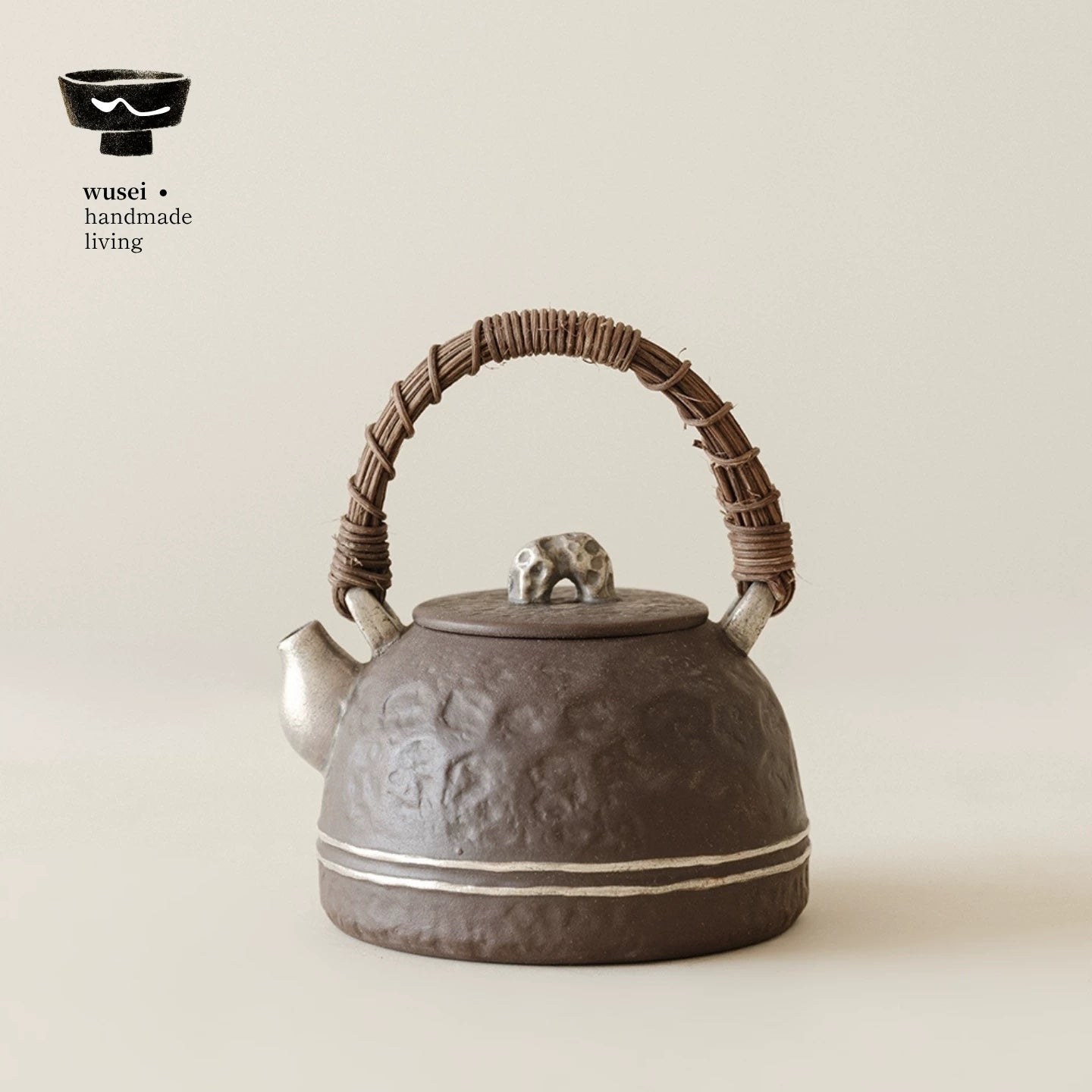 Taihu Stone Handle Teapot & Charcoal Stove Set, Aged Rock Clay with Silver & Powder Glaze