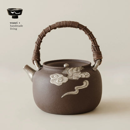 Silver-Coated Cloud Handle Teapot & Charcoal Stove Set, Old Rock Clay