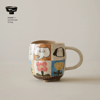 Hand-Painted Animal Mug - Colorful Plaid Stoneware