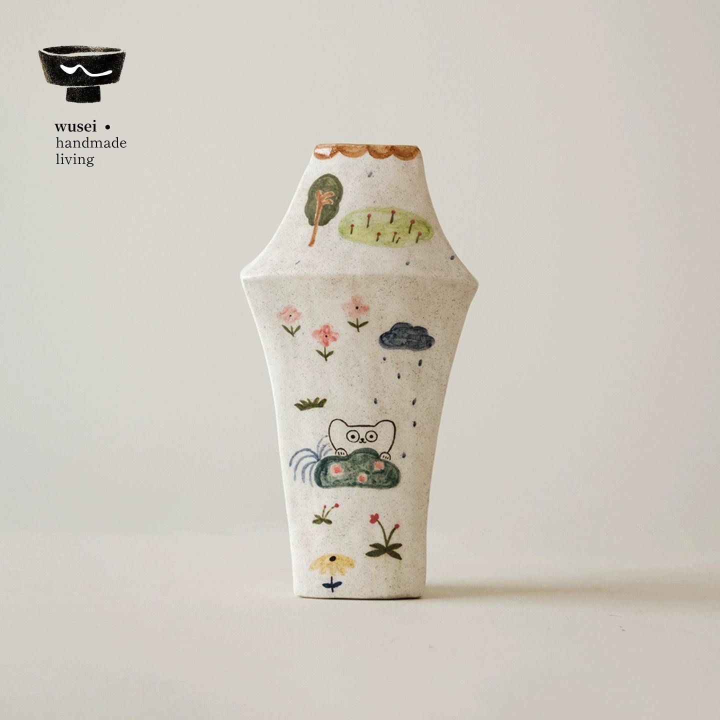 Hand-Painted Ceramic Triangle Vase with Storybook Cat Scene