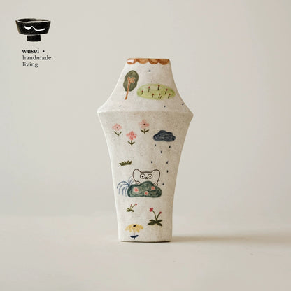 Hand-Painted Ceramic Triangle Vase with Storybook Cat Scene