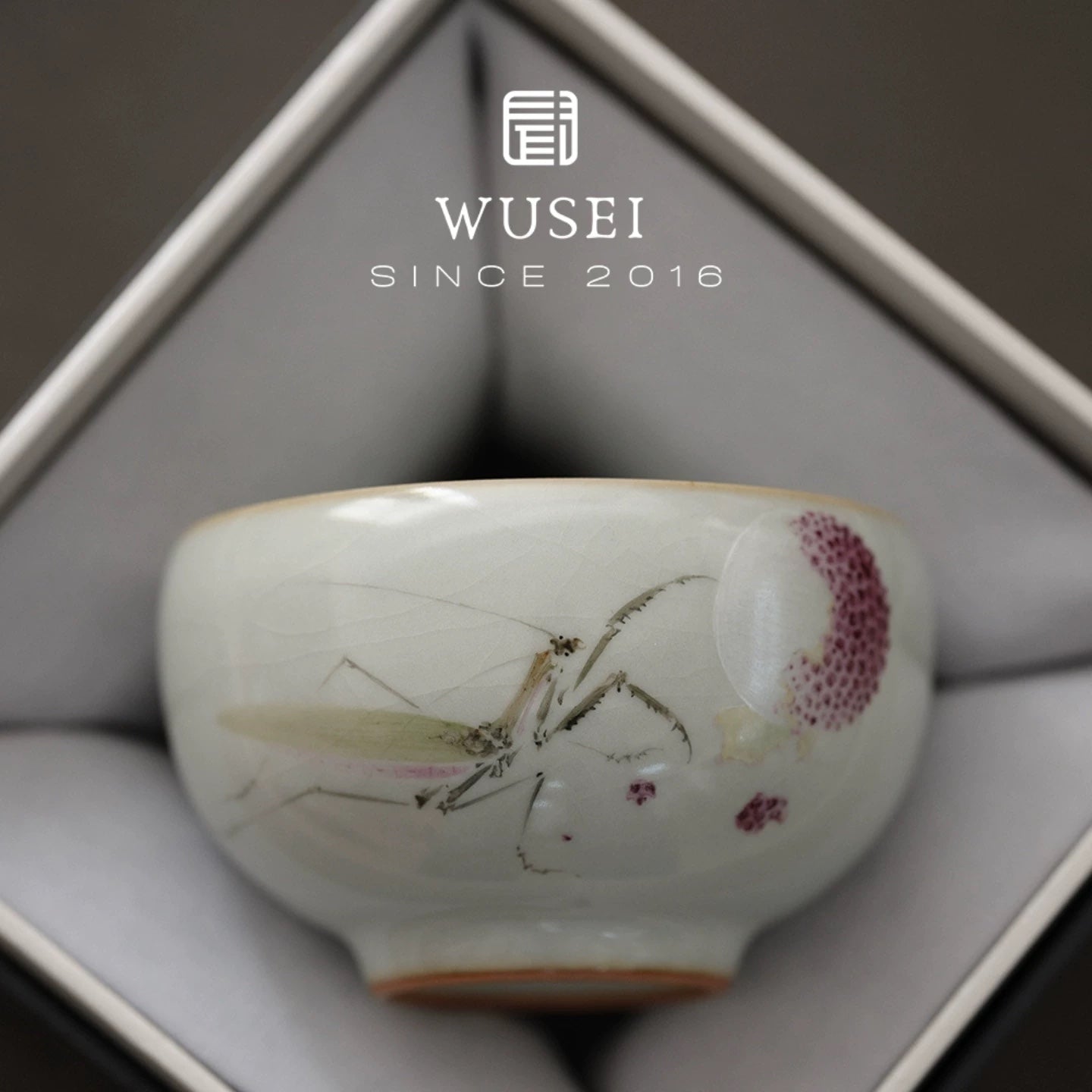 Hand-Painted Sky-Blue Ru Kiln Tea Cup with Lychee & Mantis