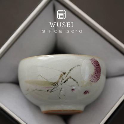 Hand-Painted Sky-Blue Ru Kiln Tea Cup with Lychee & Mantis