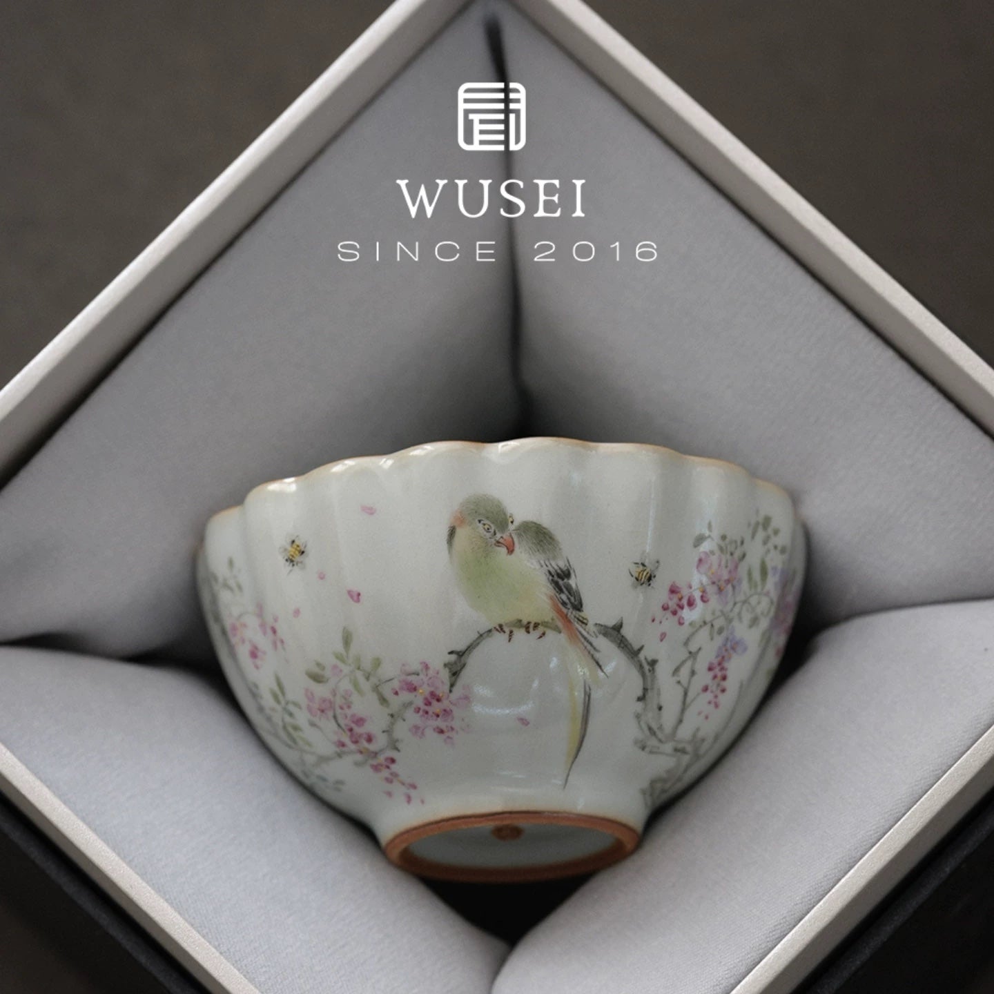 Hand-Painted Sky-Blue Ru Ware Tea Cup with Bird & Flowers